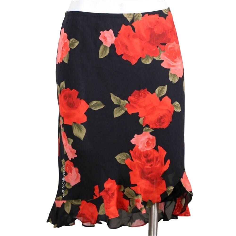 DONNA RICCO RED‎ & BLACK ROSE PRINT SKIRT W/ RUFFLE